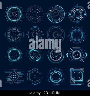 Futuristic optical aim. Military collimator sight, gun targets focus range indication. Sniper weapon target hud aiming vector icons set Stock Vector