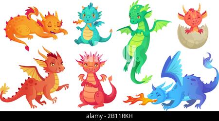 Dragon kids. Fantasy baby dragons, funny fairytale reptile and medieval legends fire breathing serpent cartoon isolated vector set Stock Vector