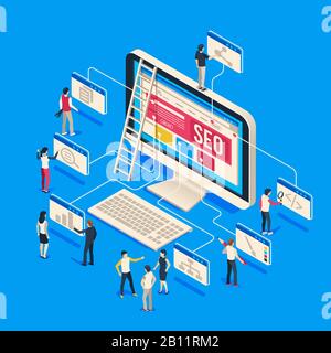 Isometric seo agency. Creative people startup develop team creating together on computer. 3d seo vector illustration Stock Vector