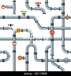 Industrial pipes seamless pattern. Pipe valves and taps, drain cooling or heating system pipelines gas pressure gauge vector concept Stock Vector