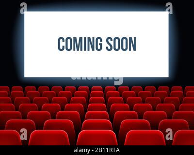 Cinema hall. Movie interior with coming soon text on white screen and empty red seats. Movie theater vector background Stock Vector