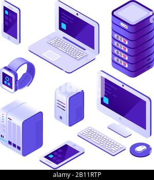 Mobile devices isometric set. computer, server and laptop, smartphone. Cloud database system vector 3d collection Stock Vector