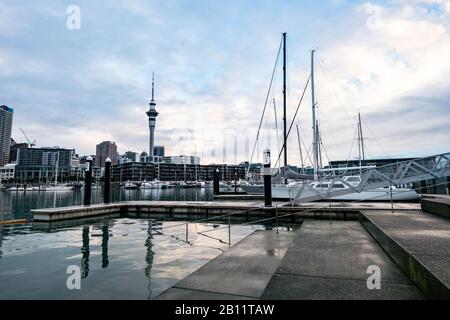 Auckland Harbor overlooking the Sky Tower, Auckland, New Zealand Stock Photo