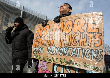London, UK. 22nd Feb, 2020. Campaigners demonstrate out side Colnbrook detention centre in support of several people who are faceing deportation to Jamaica. Credit: Thabo Jaiyesimi/Alamy Live News Stock Photo