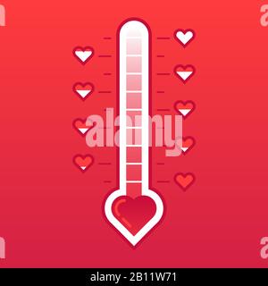Love thermometer. Hot or frozen heart temperature counter valentines card. Love level meter vector concept illustration Stock Vector