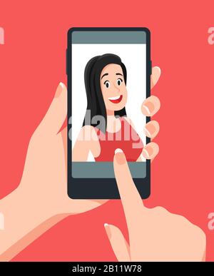 Take face photos. Woman taking selfie on smartphone. Smart phone Stock Vector