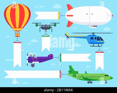 Air vehicles banner. Flying helicopter sign, airplane banner message and vintage zeppelin ad flat vector illustration set Stock Vector