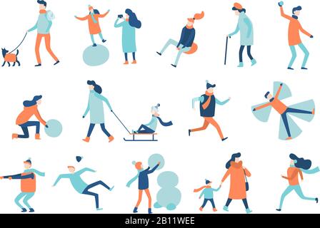 Winter walking people. Winters activities, active man sledging and woman walk in warm suit vector isolated set Stock Vector