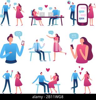 Online dating couple. Man and woman romantic meeting, perfect match internet dating chat and blind date service vector illustration Stock Vector