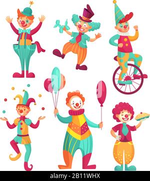 Circus clowns. Cartoon clown comedian juggling, funny clowns nose or jester party circus costume. Vector illustration set Stock Vector