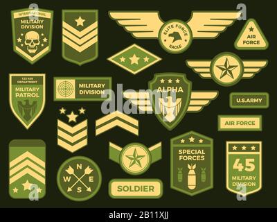 Military badges. American army badge patch or airborne squadron chevron. Badging vector isolated illustration collection Stock Vector