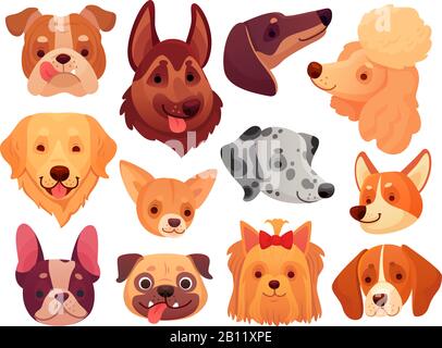 Cute dog face. Puppy pets, dogs animals breed and puppies heads vector illustration set Stock Vector