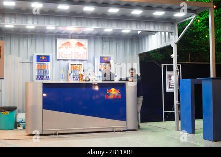 Red Bull energy drink festival vendor display stand Stock Photo - Alamy