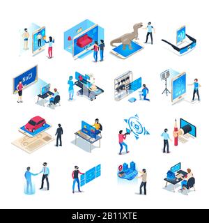 Isometric virtual reality simulations icons. Computer simulation helmet, augmented reality game vector illustration set Stock Vector