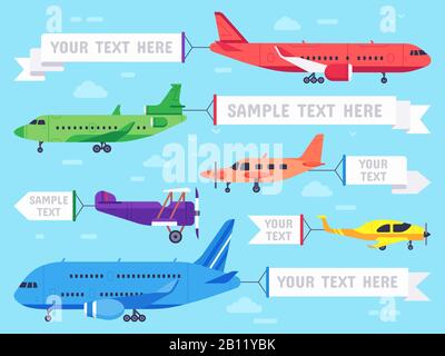 Airplane with banner. Flying ad aeroplane, aviation aircraft banners and airline plane ads vector illustration Stock Vector