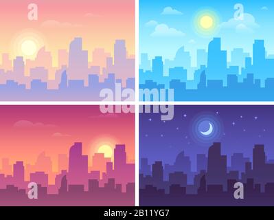 Daytime cityscape. Morning, day and night city skyline landscape, town buildings in different time and urban vector background Stock Vector