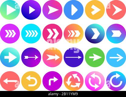Arrows in circle icon. Website navigation arrow button, colorful gradient round back or next sign and web arrowhead vector icons Stock Vector