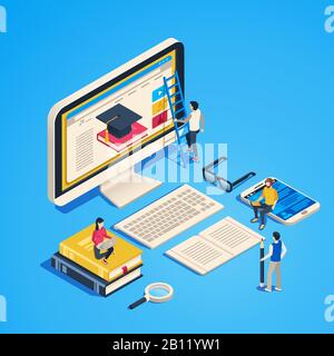 Isometric online teaching. Internet classroom, student learning at computer class. Online university graduate 3d vector illustration Stock Vector