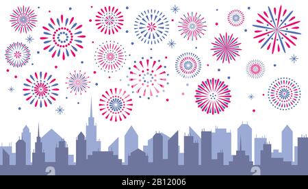 Night city fireworks. Celebrated festive firecracker over town s Stock Vector