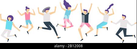 Jumping people. Active adults friends group jump. Happy female and male characters jumped and laugh vector illustration Stock Vector