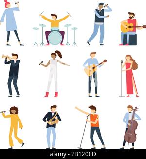 Musician artists. Guitar playing artist, young drummer and pop song singer. Musical instruments stage players isolated flat vector set Stock Vector