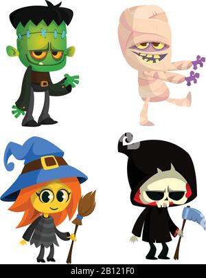 Set of Halloween characters. Vector cartoon zombie, mummy, witch with a broom, grim reaper with scythe.  Great for party decoration Stock Vector