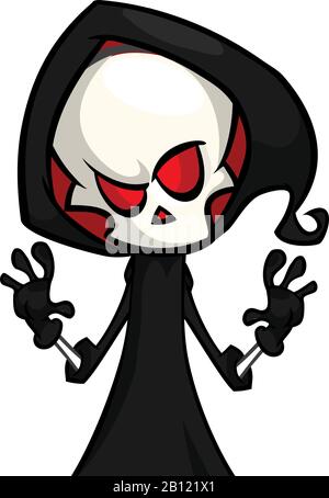 Cute cartoon grim reaper isolated on white. Cute Halloween skeleton death character icon Stock Vector