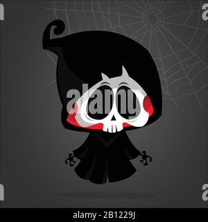 Cute cartoon grim reaper. Cute Halloween skeleton death character illustration Stock Vector