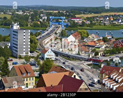 View from the Petrikirche to the bascule bridge over the Peene river, Wolgast, Mecklenburg-Western Pomerania, Germany Stock Photo