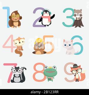 Set of funny numbers with cartoon animals. Stock Vector