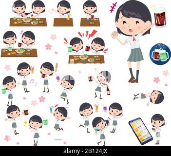 A set of Short sleeve school girl Enjoy a drink party.It's vector art so it's easy to edit. Stock Vector