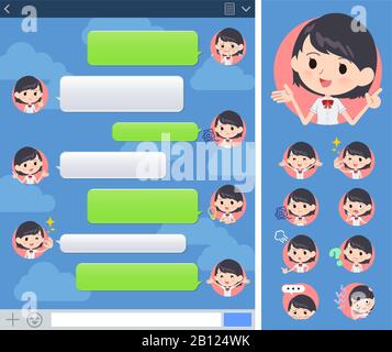 A set of Short sleeve school girl with expresses various emotions on the SNS window.There are variations of emotions such as joy and sadness.It's vect Stock Vector