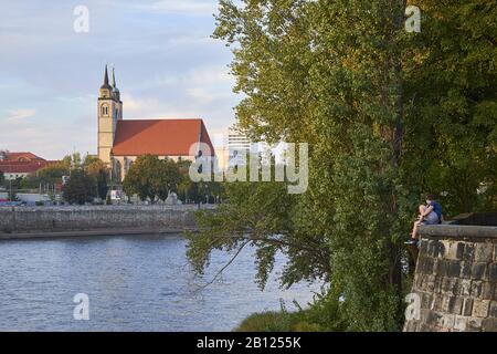 View over the Elbe to the Johanniskirche, Magdeburg, Saxony-Anhalt, Germany Stock Photo