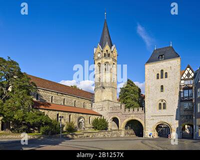 St. Nikolai Church with Nikolaitor at Karlsplatz, Eisenach, Thuringia, Germany Stock Photo