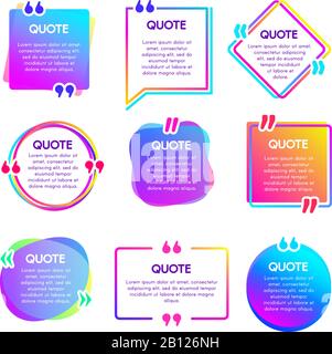 Quote info box. Text remark frame, quotes reference label and texting dialogue words excerpt frames boxes vector set Stock Vector