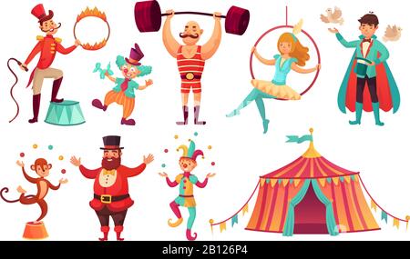 Circus characters. Juggling animals, juggler artist clown and strongman performer. Cartoon vector illustration set Stock Vector