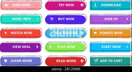 Call to action button. Read more, subscribe and buy now web buttons with vivid colors and grunge textures flat isolated vector set Stock Vector