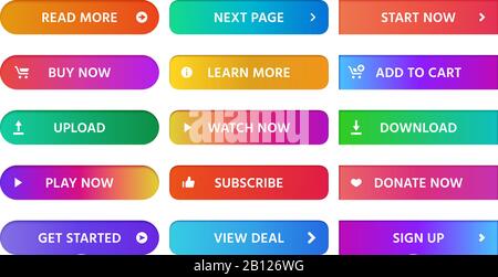 Gradient buttons. Rectangular next page button, read more and add to cart icon colorful gradients web isolated vector set Stock Vector