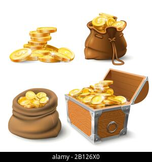 Golden coins stacks. Coin in old sack, large gold pile and chest Stock Vector