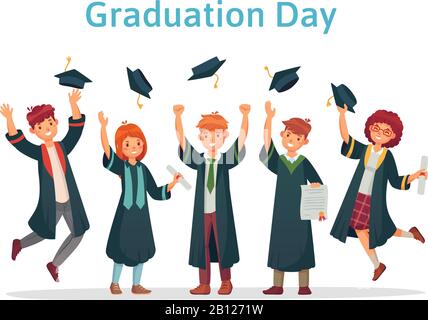 Graduate students. Graduation day of university student, success exam and college group throwing up academic caps vector illustration Stock Vector
