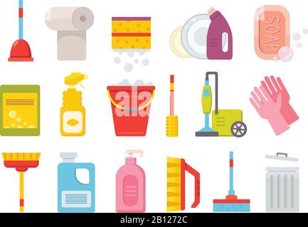 Cleaning supplies. Home clean tools. Brush, bucket window wipes and chemicals tool vector isolated set Stock Vector
