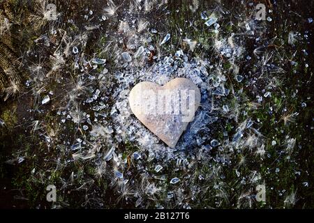 Pale coloured heart on mossy wood, surrounded by broken glass and thistledown. Stock Photo