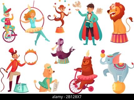 Circus animals. Animal acrobatic tricks, circus family acrobat entertainment. Cartoon vector isolated illustration Stock Vector