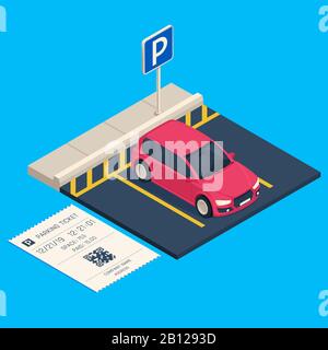 Isometric transport parking. Entrance parking space ticket, city urban car garage vector illustration Stock Vector