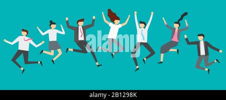 Happy jumping business people. Excited office team workers jumping at employees party, smiling professionals jump vector illustration Stock Vector