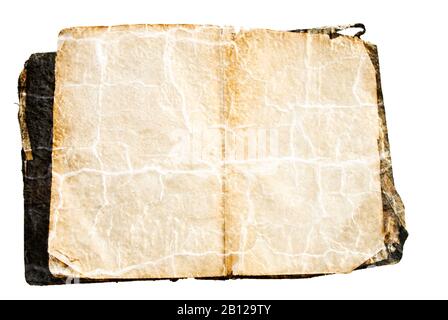 Inside of an old Bible with two open pages that are textured, torn, yellowed and stained. The background is isolated on white. Stock Photo