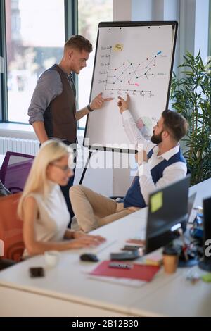 colleagues showing data on a a whiteboard, discussing. casual, brief,  business concept Stock Photo