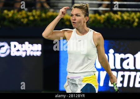 Dubai, UAE. 22nd February 2020. Action from the women's final of the 2020 Dubai Duty Free Tennis Championships. Former champion Simona Halep of Romania faces off against Elena Rybakina of Kazakhstan Stock Photo