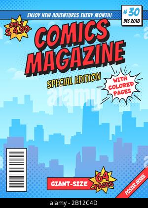 Comic book cover page. City superhero empty comics magazine covers layout, town buildings and vintage comic books vector template Stock Vector