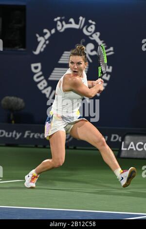 Dubai, UAE. 22nd February 2020. Action from the women's final of the 2020 Dubai Duty Free Tennis Championships. Former champion Simona Halep of Romania faces off against Elena Rybakina of Kazakhstan Stock Photo